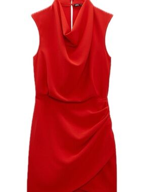 Zara Red Sleeveless Draped Neck Mini Dress